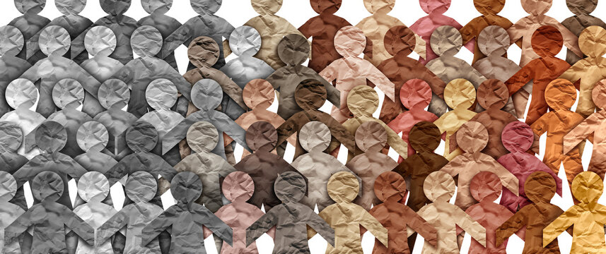 Diversification of society and demographic change or changing demography as a large group of grey people changing into a diverse group representing diversity in a population