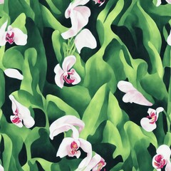Abstract Painting of Orchid Flowers with Green Leaves – Seamless Pattern