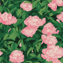 Painting of Peony Flowers with Green Leaves – Seamless Pattern