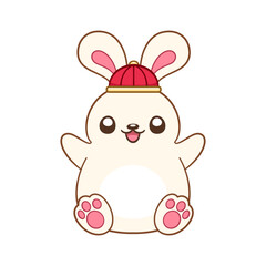 Cute rabbit wearing a Chinese hat cartoon illustration. Zodiac Animal, Year of the Rabbit 2023, New year and Mid Autumn Moon festival coloring book page worksheet for kids.