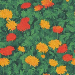 Painting of Chrysanthemum Flowers with Green Leaves – Seamless Pattern