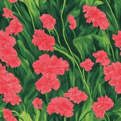 Painting of Carnation Flowers with green leaves - Seamless Pattern
