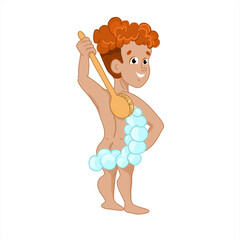 Cute boy character in the bathroom.  Child in the bathroom taking a shower. Morning routine.  Vector cartoon illustration of boy relax in tub with bubbles.  Isolated illustration on white background
