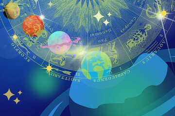 Illustration image for Zodiac Astrology Horoscope signs with planets, blue background 