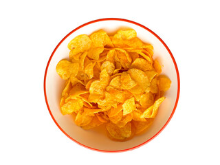 A cup of chips. Chips in a plate top view. 
