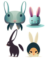 Fototapeta premium set of cartoon rabbits icons element easter halloween newyear bunny digital 3D illustration white background