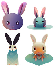 set of cartoon rabbits icons element easter halloween newyear bunny digital 3D illustration white background