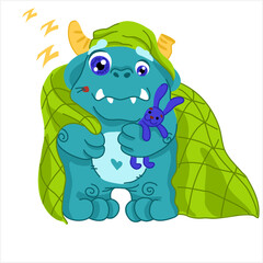 Cute monster with a toy in its paws. Green Monster with a blanket. Vector illustration.