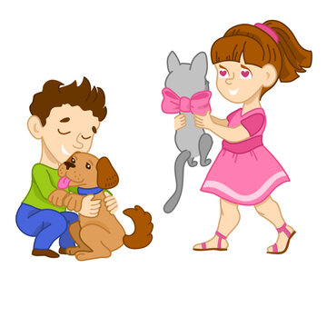Children with pets. The boy hugs a puppy. girl holding a cat in her hands. Set of cute characters Vector cartoon illustration. 
Friendship of people and animals.