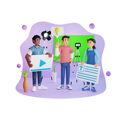 teenagers working create video content for marketing online, 3d character illustration
