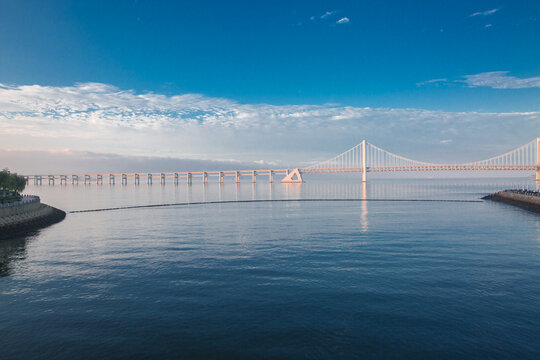 The city by the sea and the sea bridge in Dalian, China