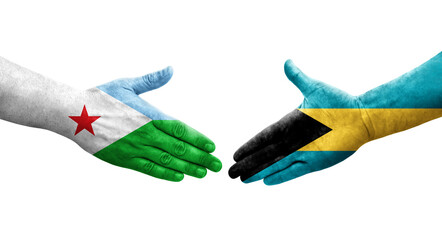 Handshake between Bahamas and Djibouti flags painted on hands, isolated transparent image.