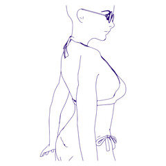 Illustration of a beautiful fashion model posing in a stylish swimsuit. Young attractive woman in bikini. Side view