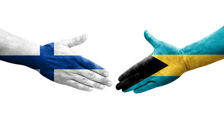 Handshake between Bahamas and Finland flags painted on hands, isolated transparent image.