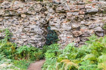 Interior stone and brick wall of castle ruins