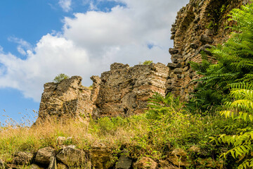 Interior stone and brick wall of castle ruins