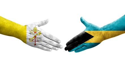 Handshake between Bahamas and Holy See flags painted on hands, isolated transparent image.