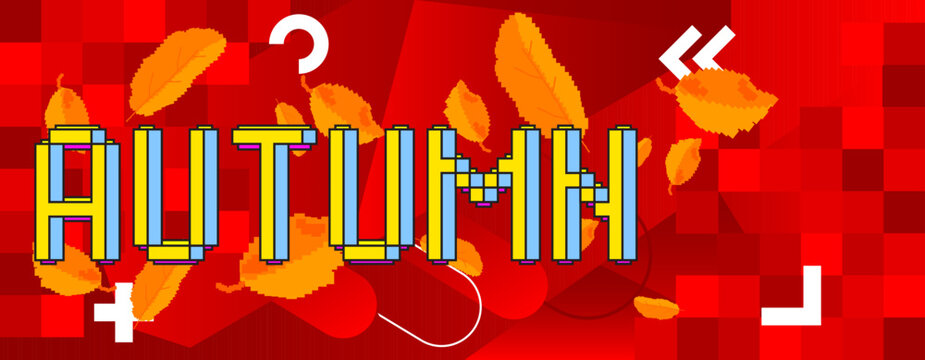 Autumn. Pixelated word with geometric graphic background. Vector cartoon illustration.