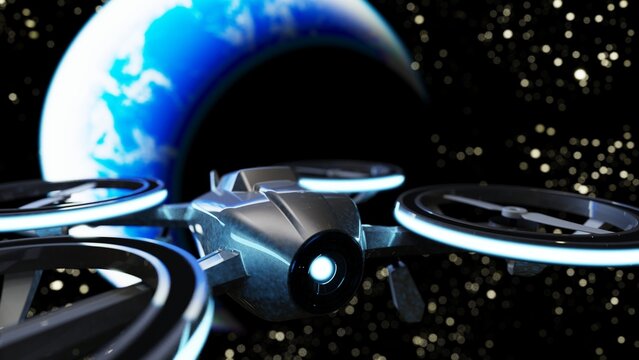 Powerful white drone loaded with some of blue light, advanced imaging and flight technologies under outer space background. Concept 3D CG of lifesaving and unmanned cargo transportation.