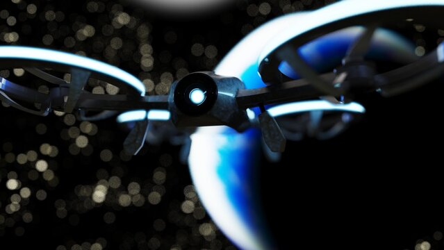 Powerful white drone loaded with some of blue light, advanced imaging and flight technologies under outer space background. Concept 3D CG of lifesaving and unmanned cargo transportation.