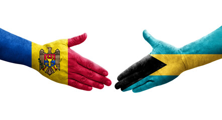 Handshake between Bahamas and Moldova flags painted on hands, isolated transparent image.