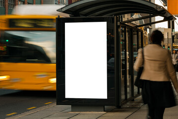 Blank roadside advertising board with flowing traffic