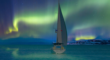 Sailing luxury yacht along the route over dark sea - Northern lights aurora borealis 