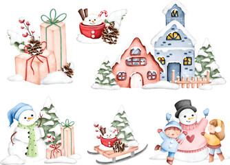 Watercolor illustration set of winter season clipart
