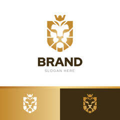 Lion shield crown creative logo design template vector with three color harmony combination elegant gold, luxury premium brand identity 