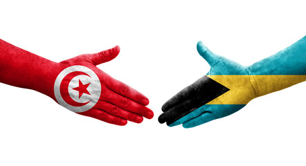 Handshake between Bahamas and Tunisia flags painted on hands, isolated transparent image.