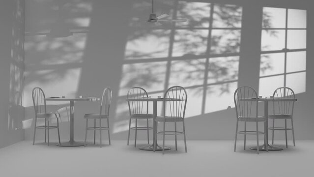 Stark White Empty Cafe with Chairs, Tables and Ceiling Fan Looping Backround