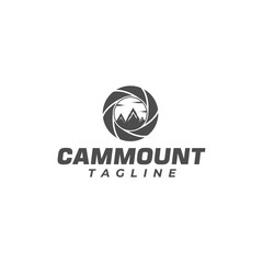 Camera lens and mountain view combination logo design.