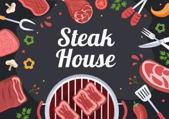 Steakhouse of Grilled Meat with Juicy Delicious Steak, Salad and Tomatoes for Barbecue in Flat Cartoon Hand Drawn Template Illustration
