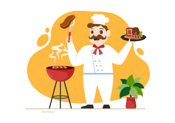 Steakhouse of Grilled Meat with Juicy Delicious Steak, Salad and Tomatoes for Barbecue in Flat Cartoon Hand Drawn Template Illustration