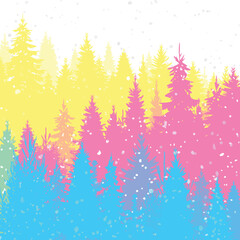 Vector card of wild coniferous forest in printed colors and falling snow. Spruce forest in CMYK colors on the hills dissolving on the horizon