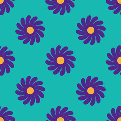 Fototapeta na wymiar Floral seamless pattern on a turquoise background. Hippy background with purple flowers in 1970s flat cartoon style. Can be used as a wallpaper, wrapping paper, textile print etc.