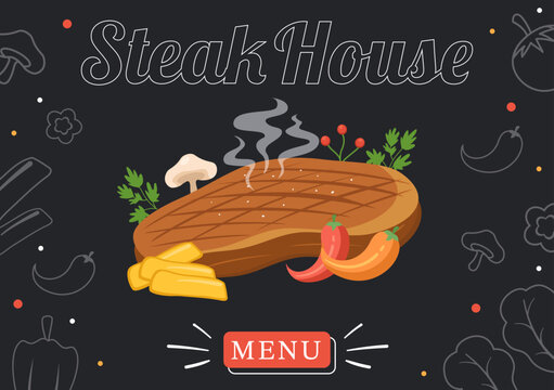 Steakhouse of Grilled Meat with Juicy Delicious Steak, Salad and Tomatoes for Barbecue in Flat Cartoon Hand Drawn Template Illustration