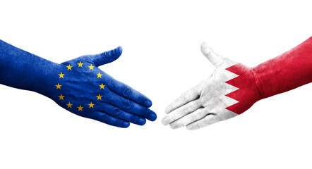 Handshake between Bahrain and European Union flags painted on hands, isolated transparent image.