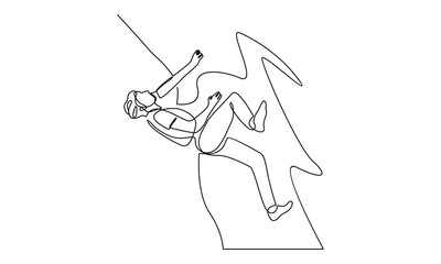 Continuous line of young active man climbing on cliff mountain