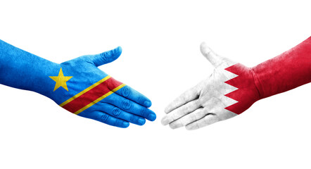 Handshake between Bahrain and Dr Congo flags painted on hands, isolated transparent image.
