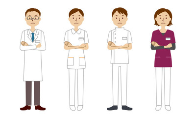 腕を組む医療従事者（医師・看護師・理学療法士・放射線技師）のイラストセット