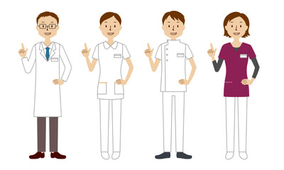 指をさす医療従事者（医師・看護師・理学療法士・放射線技師）のイラストセット