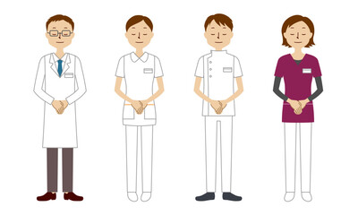 お辞儀をする医療従事者（医師・看護師・理学療法士・放射線技師）のイラストセット