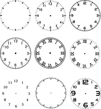 mechanical clock face dials template set on white background. watches with arabic and roman numerals sign. flat style.