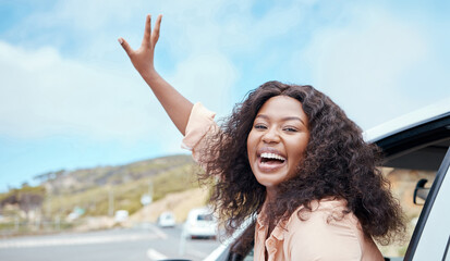 Travel, road trip and excited black woman in window portrait for adventure journey, countryside...