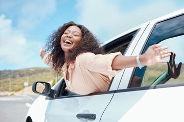 Freedom, travel and black woman in window of car for summer, relax and happy in road of countryside adventure. Journey, holiday and transportation with girl passenger on outdoor vacation road trip