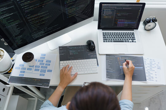 Software development concept, Male programmer pointing on data code to checking website programming