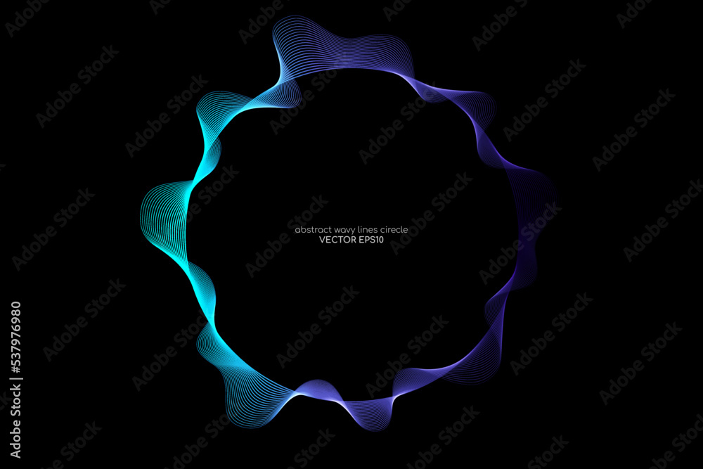 Aufkleber Vector abstract circle frame with wave lines pattern flowing in blue green gradient light isolated on black background in concept of music, technology, science, modern.