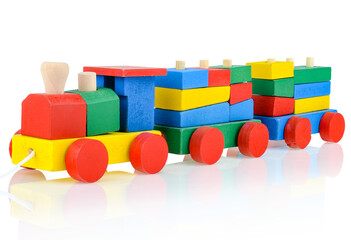 Wooden children's constructor-a steam train, isolated on a white background. Colorful toy train. Educational games for children. Design and modeling