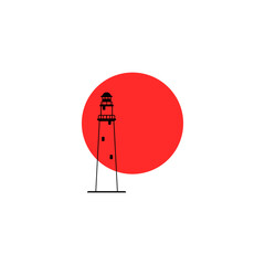 The silhouette of the lighthouse against the background of the sun